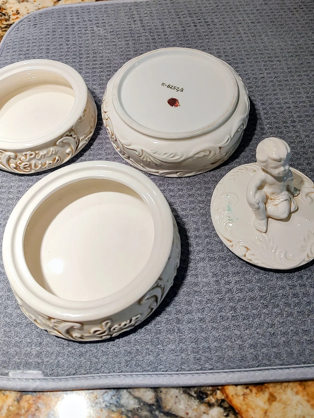 Enesco 1950's Cream Ceramic Stackable Trinket Jars with Cherub Lid